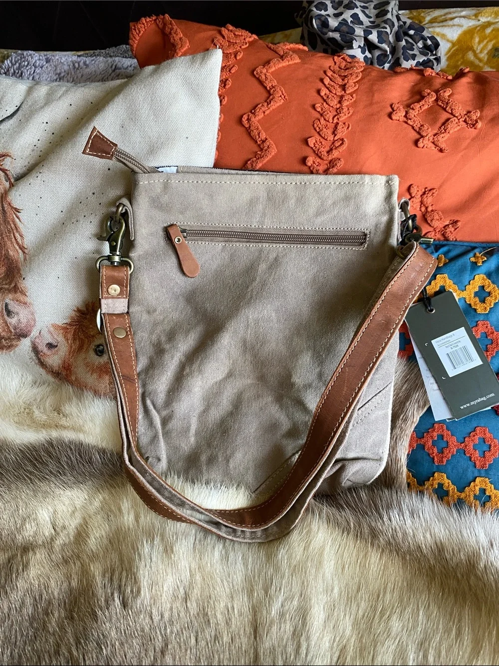Myra Bag Beige, Brown & Navy Canvas Messenger Bag